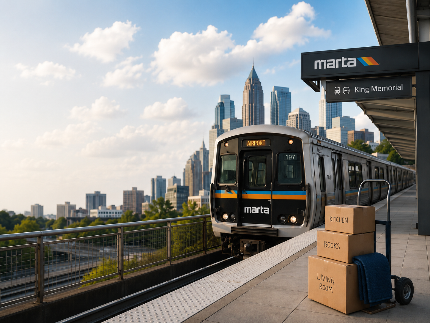 A MARTA train arriving at King Memorial station next to moving boxes labeled kitchen, books, and living room, with the Atlanta skyline in the background
